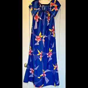 Vintage Hilo Hattie Muumuu Maxi Dress Hawaii Tropical Floral Blue Long 37145